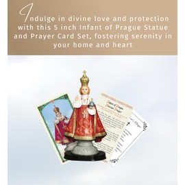 5 inch Infant of Prague Statue - Infant Jesus Prayer Card, The Lord's Prayer - Niño de Praga Set for Altar, Home - 3 Items