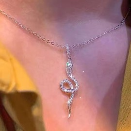 TseenYi Gothic Crystal Snake Pendant Necklace Silver CZ Snake Rhinestone Necklace Shiny CZ Snake Choker Necklace Snake Necklace Chain Jewellery for Women and Girls Gifts