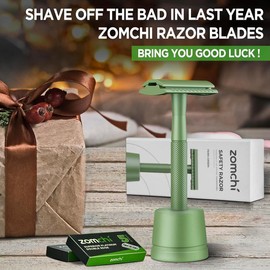 ZOMCHI Double Edge Close Comb Safety Razor with Stand, Shaving Razor for Men with 10 Safety Razor Blades, Reusable Single Blade DE Metal Razor – Fern Green