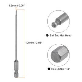 HARFINGTON 5Pcs Ball End Hex Head Wrench Screwdriver Bit H1.5 1/4" Hex Shank 4" Long Metric Magnetic S2 Steel for Power Screwdriver Drill Impact Driver