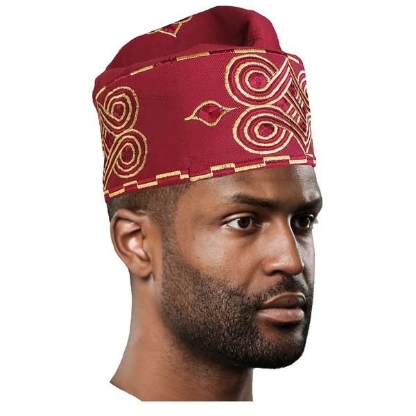 Dupsie's Cotton Burgundy Embroidered African Hand Woven ASO Oke Hat
