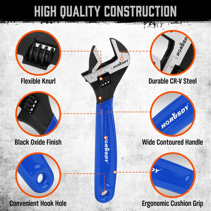 HORUSDY 3-Piece Adjustable Wrench Set (6/8/10 in), Wide Jaw Black