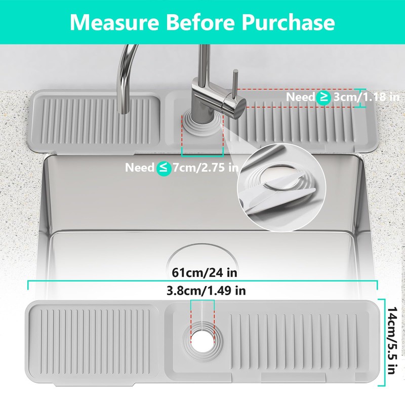 24 Inch Longer Faucet Mat for Kitchen Sink [5°Slope Fast