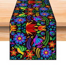 Linen Mexican Fiesta Table Runner 72 Inches Long Mexican Fiesta Themed Party Cinco De Mayo Home Kitchen Dining Room Table Decoration (Purple)