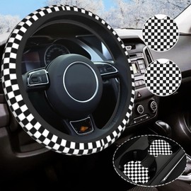 Checkered Steering Wheel Cover Universal 14.5-15 Inch Non-Slip Black and White Car Accessories for Women Men