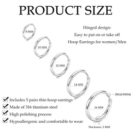 10 Pcs Sterling Silver Hoop Earrings, Sleeper Earrings For Women, Small Silver Hoop, Diverse Sizes 8mm/10mm/12mm/14mm/16mm, Classic And Versatile Desi