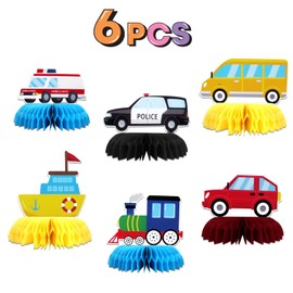 RoadSea Transportation Honeycomb - Ambulance Police Car School Bus Train Boat Honeycomb Centerpieces - Kid Birthday Party Decoration Supplies 6pcs
