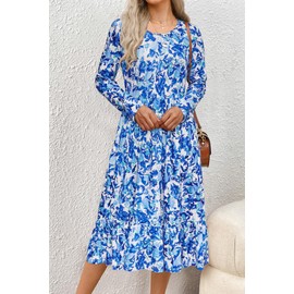 STYLEWORD Womens Fall Dresses 2024 Casual Long Sleeve Midi Dress A Line Flowy Formal Party Going Out Dresses Pockets (White Blue Floral,S)