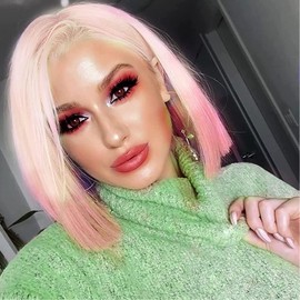 Pink Blonde Short Wigs for Black Women Rainbow Bob Lace Front Wig Handmade Lace Frontal Pastel Real hair Wigs Glueless Synthetic Heat Resistant Cosplay Makeup Daily Afro Ladies Drag Anime 14 Inch