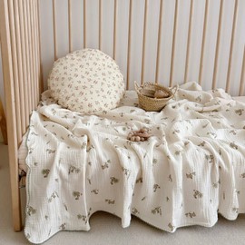 BuLuTu Gray Rabbit Pattern Cotton Muslin Toddler Blanket Large Crib Quilt Soft Breathable Toddler Bed Blankets Baby Boys Girls Swaddle Blankets, All Seasons, 47"x51"