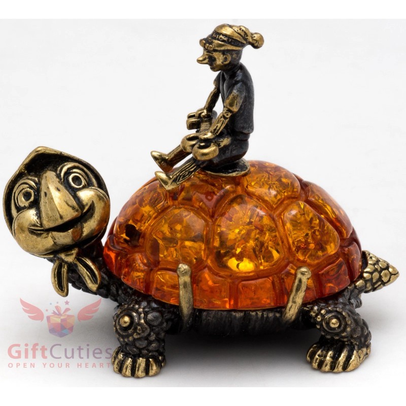 Brass Amber Figurine Turtle Tortilly & Buratino Pinocchio & golden