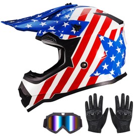 VCOROS Youth Kids Dirt Bike Helmets Motocross Street Offroad BMX MX ATV Dirtbike Motorcycle Helmet VS-905 with Goggles Gloves DOT Approved(Glory Stars,L)