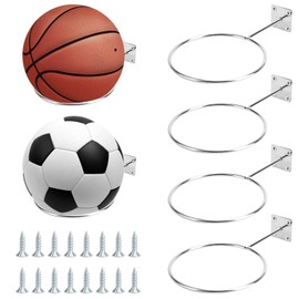 RAKUTE Pack of 4 Ball Holder Wall, Metal Ball Wall Mount with Screws, Wall Mount Ball Rack for Basketball, Football, Rugby, Volleyball Display, Ball Holder Wall as a Gift for Family Friends