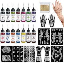 Temporary Tattoo Kit - 14 Bottles Color Temporary Tattoo Ink with 75 Pcs Stencils, DIY Fake Tattoos - Suitable for Adults, Teens, Women, Men & Art Painting Party