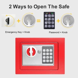 HF Red Small Safe Box for Money - 0.23CF Mini Safe Electronic Keypad Home Safety