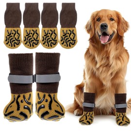 4 Pcs Dog Socks to Prevent Licking Paws, Dog Booties for Hot Pavement, Double Side Non Slip Pattern Dogs Socks, Dogs Booties for Hardwood Floors Anti Slip Caramel (Small)