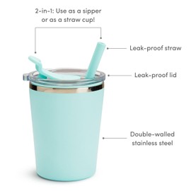 Munchkin Steel My Heart™ 2-in-1 Toddler Sippy Cup Tumbler with Spill Proof Simple Clean™ Straw and Open Sipper Lid, 8 Ounce, Stainless Steel, Teal/Blue