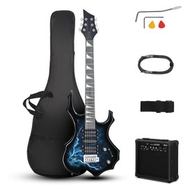 Ktaxon Burning Fire Design Electric Guitar Kit, 39-inch HSH Pickup Electric Guitar Beginner Guitar Set with Amplifier, Rosewood Fingerboard, 5-Ways Pickup Switch (Lightning Black)