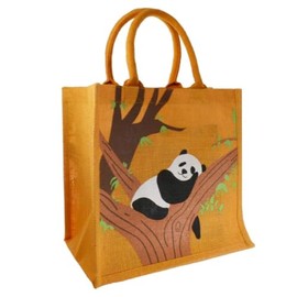 Shared Earth Fairtrade Eco-friendly Jute Shopping/Beach/Picnic Bag - Resusable - SLEEPING PANDA - 30cm - Orange, Black, White