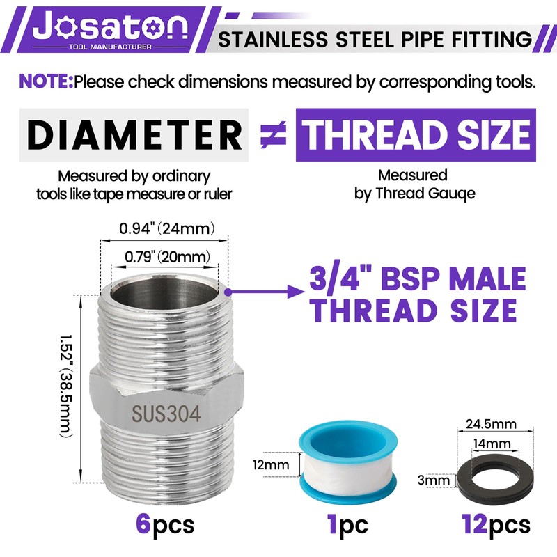 Josaton 6 Pcs Hex Nipple Fitting 3/4" Male to 3/4"