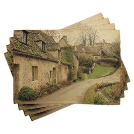 Ambesonne European Place Mats Set of 4, British Town with Stone Houses Retro England Countryside Buildings Image Print, Washable Fabric Placemats for Dining Table, Standard Size, Grey Green