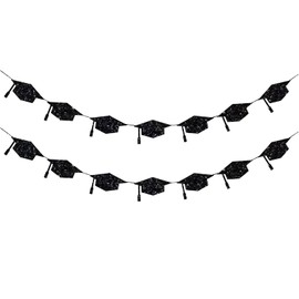 Neyeidru Graduation Cap Banner Decorations - 2pcs Black Glitter Graduation Hats Garland Bunting for College High School Class of 2025 Grads Party Supplies