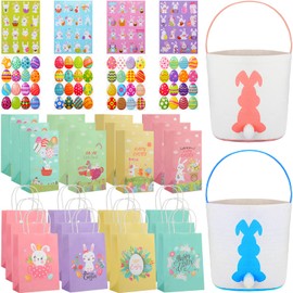 34 Pcs Easter Bunny Basket Bags Set Included 2 Canvas Easter Egg Baskets, 24 Easter Gift Bags with 8 Easter Bunny Egg Stickers for Kids Cute Tote Bunny Storage Egg Hunt Toys for Easter Game Party Gift