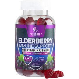 Nature's Nutrition Immune Support Gummies - Powerful Sambucus Elderberry Gummies with Elderberry Extract, Zinc & Vitamin C Gummy, Max Potency Natural Vegan Immune Support Supplement for Adults & Children - 120 Gummies
