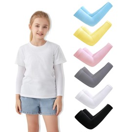 VNLEXMC 6 Pairs Arm Sleeves for Kids – Sun Protection Cooling Sleeves for Boys,Girls & Youth,Compression Arm Sleeve for Sports,Running,Baseball,Gaming,Gardening(Black+White+Grey+Pink+Blue+Yellow)