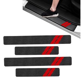 Nomocale 4 PCS Car Door Sill Protection Strip, 15.75" x 2.76" + 23.62" x 2.76" Carbon Fiber Door Pedal Trunk Anti-Collision Decoration, Leather Anti-Scratch Sticker, Universal for Cars (Red)