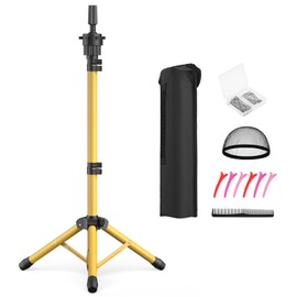 Retbtnm Wig Head Stand 50 Inches, Height Adjustable Tripod Wig Stand, Salon Mannequin Head Stand with Anti-Slip Base for Styling, Wig Display Barber Training, Beauty School​ (Gold)