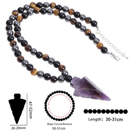 mookaitedecor Purple Amethyst Healing Crystal Arrowhead Pendant Necklace for Men, Spear Arrow Head Pendant Crystal Bead Necklace Jewellery Gift Men Reiki Chakra Amulet Spiritual Protection Necklace