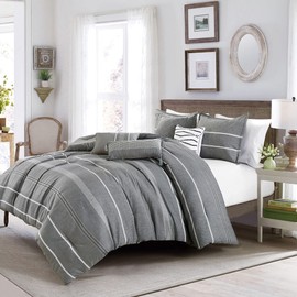 Chezmoi Collection Porter 7-Piece Jacquard Comforter Queen Size - Yarn-Dyed Gray White Trendy Striped Lightweight Comfy Bedding for All Season