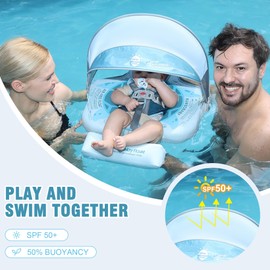 Mambobaby Baby Pool Float with Removable Sun Canopy - Non Inflatable Infant Swim Float with Anti-Flip Tail Design, Waterproof & Skin-Friendly Baby Float for Swimming (3-24 Months)