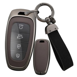 ontto Key Fob Cover Fit for Hyundai Tucson NX4 Santa Fe Ioniq 5 Nexo New Grand Solaris Sonata Hybrid 2022 2021 Alloy Leather Smart Key Shell case keyring Key holder keychain accessories Brown A