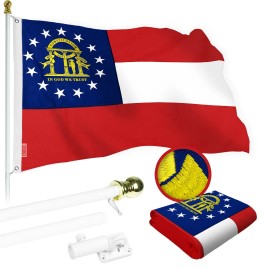 UD_G128 Combo Pack: 6 Ft Tangle Free Spinning Flagpole (White) & Georgia Flag 3x5 Ft Embroidered 220GSM Spun Polyester, Brass Gr