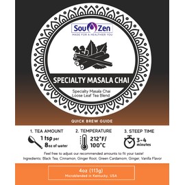 Sou Zen Specialty Masala Chai 4oz (113g) Loose Leaf Tea | Premium Quality Black Tea Leaves and Naturally Organic Ingredients | Special Blend of Black Tea, Cinnamon, Cardamom, Ginger and Vanilla | Strong Aromatic Indian Energizing Spiced Tea