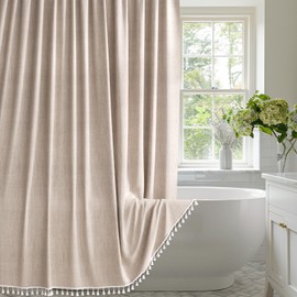 AmazerBath Farmhouse Shower Curtains for Bathroom, Tan Shower Curtain with Tassels, Rustic Shower Curtain Taupe, Faux Linen Shower Curtain with 12 Hooks, Fabric Shower Curtain Set, 72x72 Inches