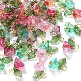 Stiesy 50Pcs 5 Colors Trumpet Flower Glass Charms Pendants Floral with Leaf Glass Charm Colorful Flower Dangle Charms for DIY Jewellery Making Crafting