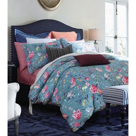 Eikei Botanical Garden Duvet Cover Washed Brushed 100-percent Cotton Bedding Set Asian Chinoiserie Print Colorful Tropical Tree Branches and Birds Floral Pattern (King, Blue Dusk)