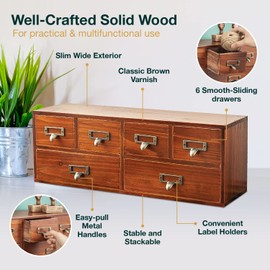 6-Drawer Vintage Desk Organizer Classic Brown Wood Storage Drawers for Tabletop - Slim Retro Style Desktop Organizing Cabinet with 6 Drawers - Office Study Table Wood Storage Box Organizer, 1-pack
