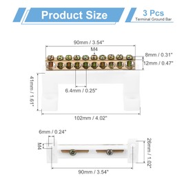 sourcing map 3 Pcs Terminal Ground Bar, 10 Positions Screw Brass Terminal Bus Bar, 8x12mm Ground Terminal Block for Electrical Equipment, Distribution Box, White