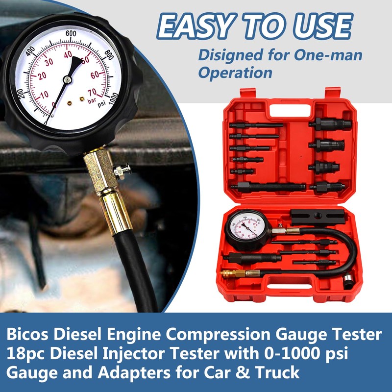 Bicos Diesel Engine Compression Tester Kit with 0-1000 psi Gauge