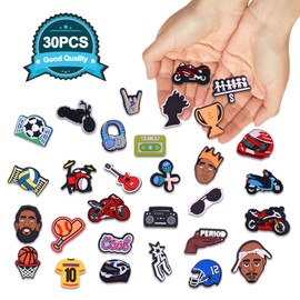 Shoe Accessories Charms for Croc, 30PCS Different Shape Cool Shoe Charms, Rock Boys, Motorcycles, Ball Games, Musical Instruments, Cool Shoelace Pins Accessorie for Boys Kids Teens and Adults
