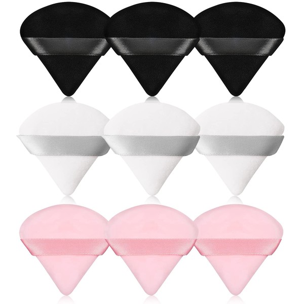 Pimoys 9 Pieces Powder Puff Face Triangle Makeup Puff for Loose Powder Setting Powder, Soft Velour Makeup Foundation Sponge Beauty Makeup Tool(Black, Pink, White)