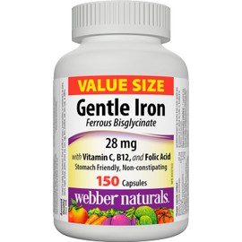 Webber Naturals Webber Naturals Gentle Iron Supplement with Vitamin C, B12 and Folic Acid, 28 mg, 150 Capsules, Stomach-Friendly, Non-Constipating, Helps Prevent Iron Deficiency Anemia