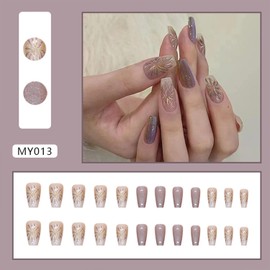 Tyuimhx Cat Eyes Press on Nails Medium Coffin Fake Nails Glitter False Nails Glossy Full Cover Stick on Nails Acrylic Reusable Artificial Nails Glue on Nails for Women Nail Decorations 24Pcs