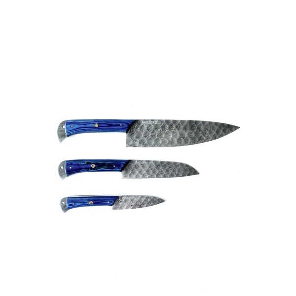 Breliser 3-Piece Diamond-Hammered Damascus Knife Set, Blue Pakkawood Handle -