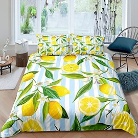 Yellow Lemon Bed Linen Set Freash Lemon Fruits Green Leaves Bedding Set 135 x 200 cm Blue White Stripes Bed Set for Children Boys Girls Teenagers 2 Pieces Zip Microfibre