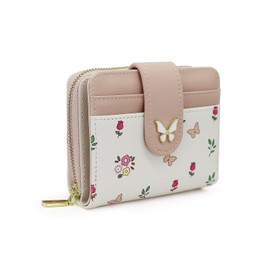 AdiStylinno Wallets for Women, Compact PU Leather Wallet Cute Butterfly Snap Card Holder with Front Pocket and Zipper Pocket (Pink)